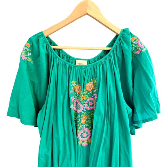 The Vermont Country Store Dress L Green Embroidered Floral Cotton Gauze Peasant - Picture 6 of 8